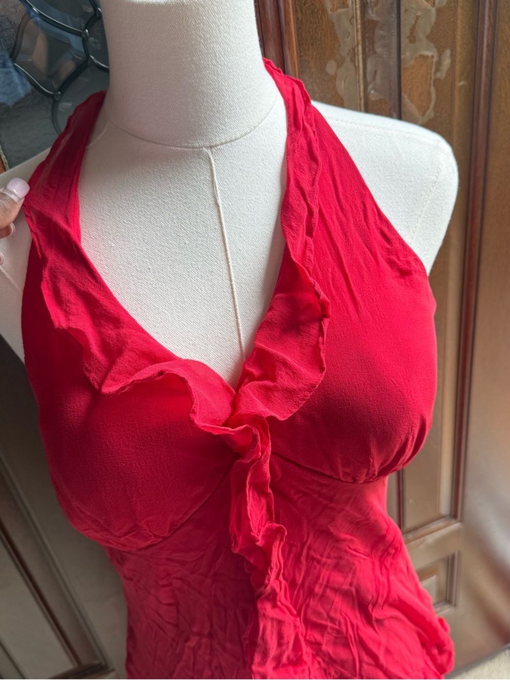 Red Silk Halter Ruffle Midi Dress - Picture 3 of 6